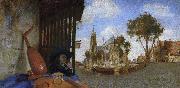 Carel fabritius, A View of Delft, with a Musical Instrument Seller's Stall